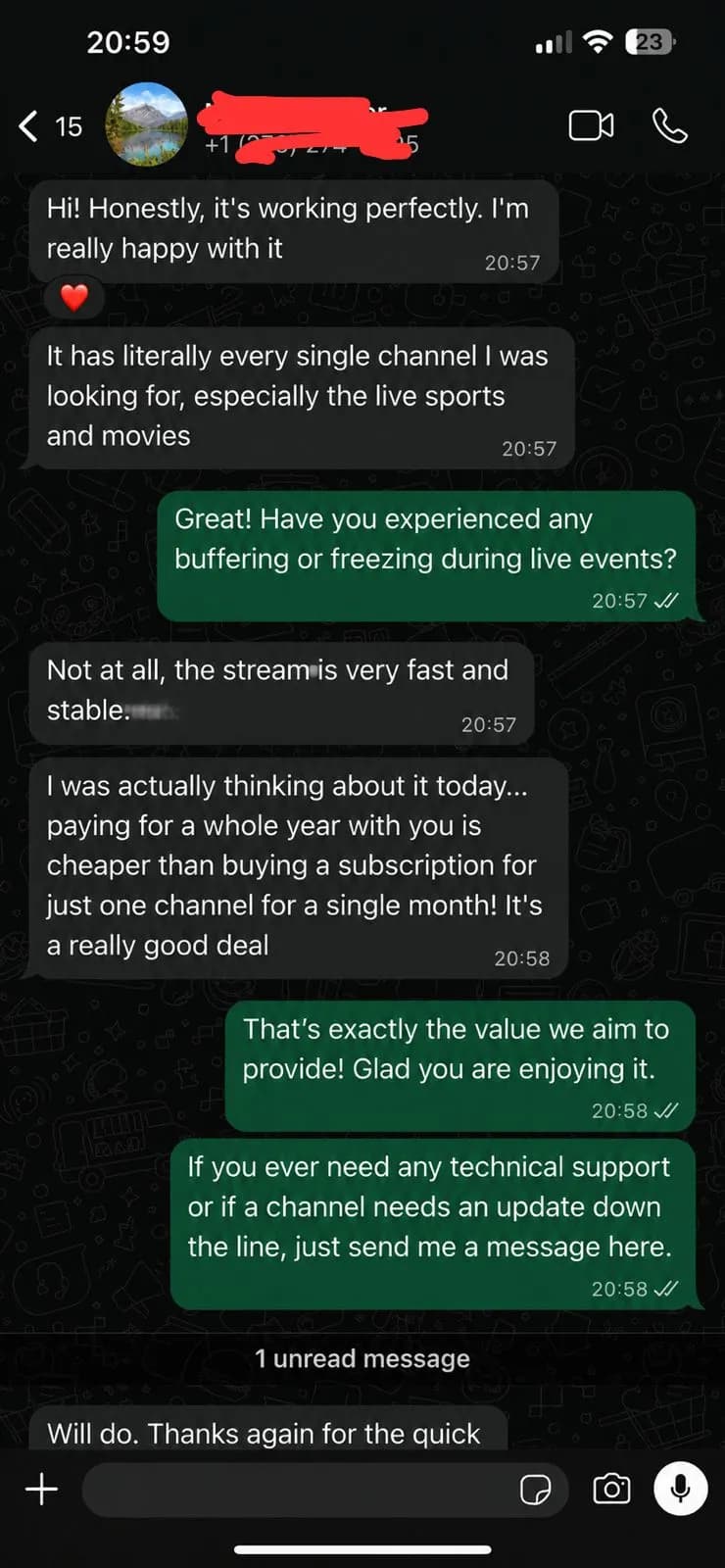 Customer WhatsApp review screenshot 1